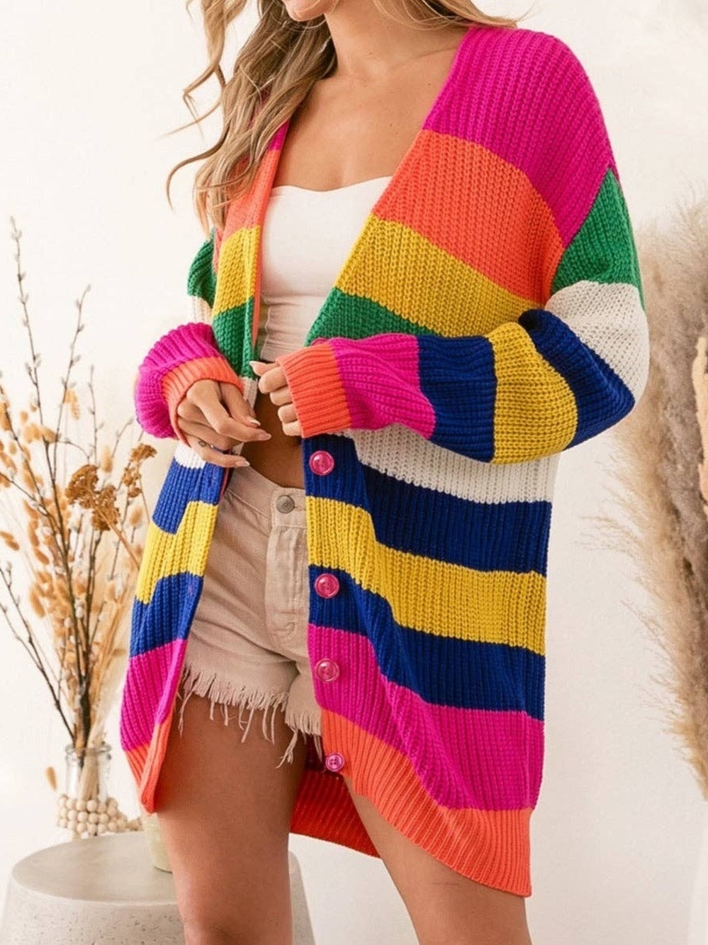 Three Mermaids Boutique Colorful Striped Oversized Cardigan Sweater Small